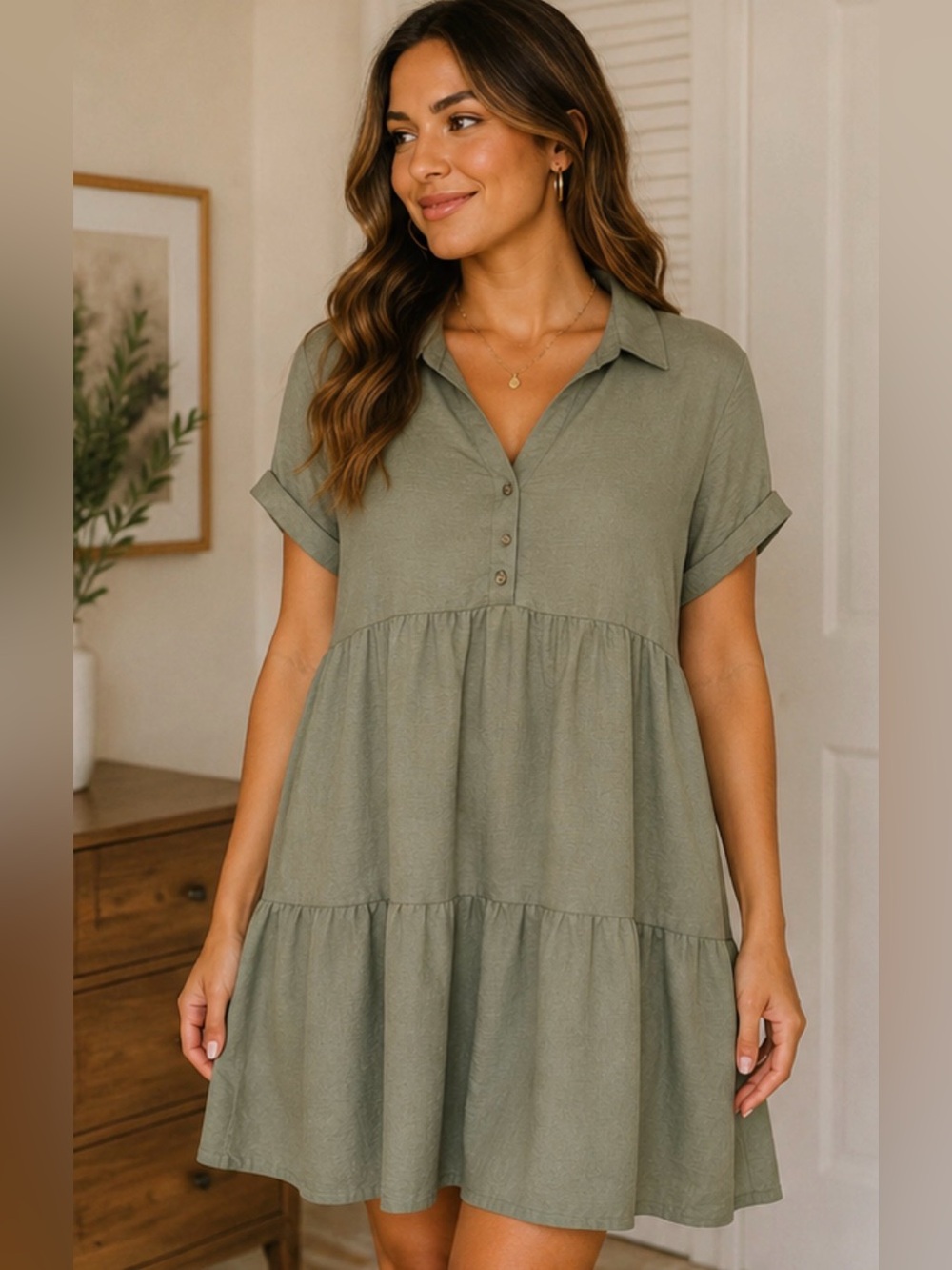 Derek Heart Sage Green Tiered Shirt Dress XL